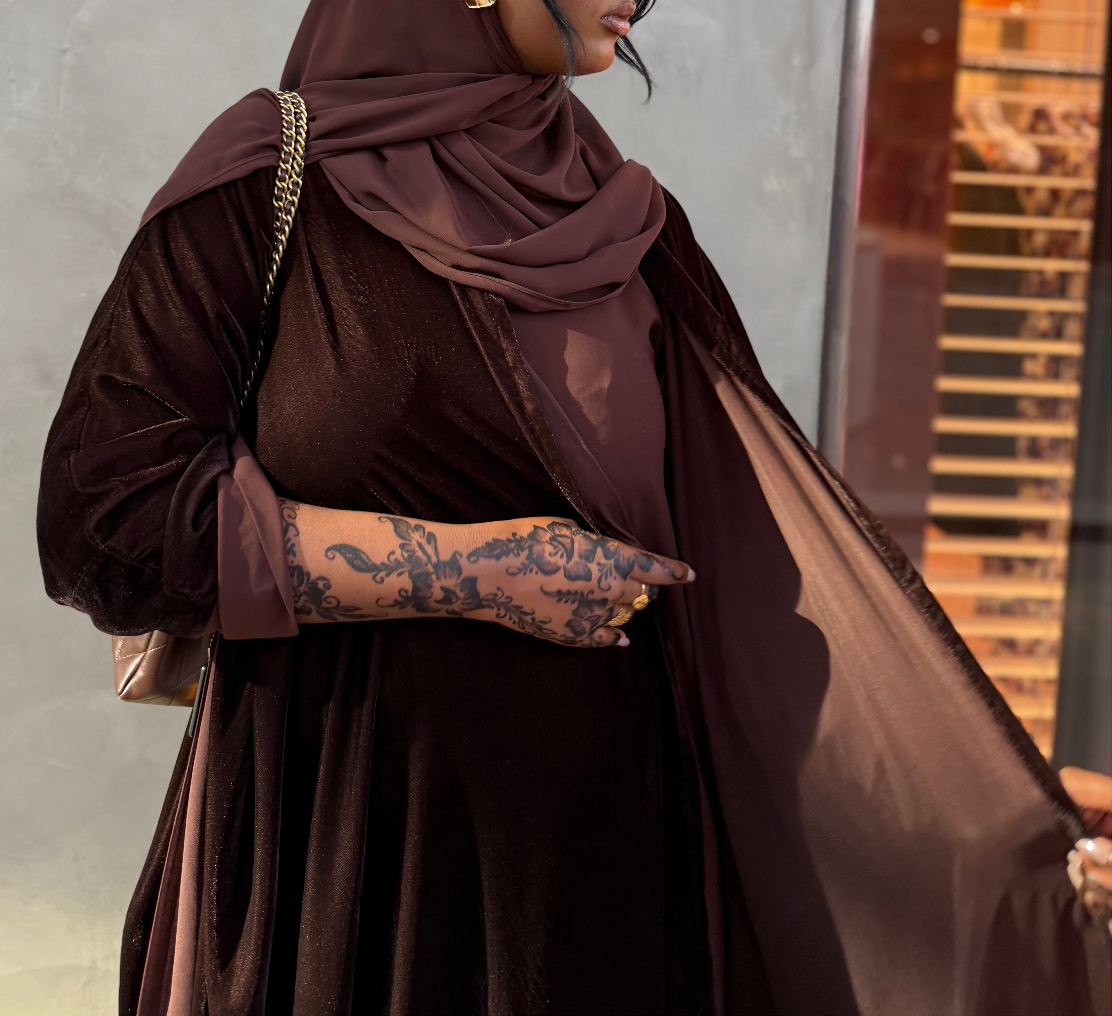 Velvet Cloak Abaya in 'Chocolate' - 3 Piece Set