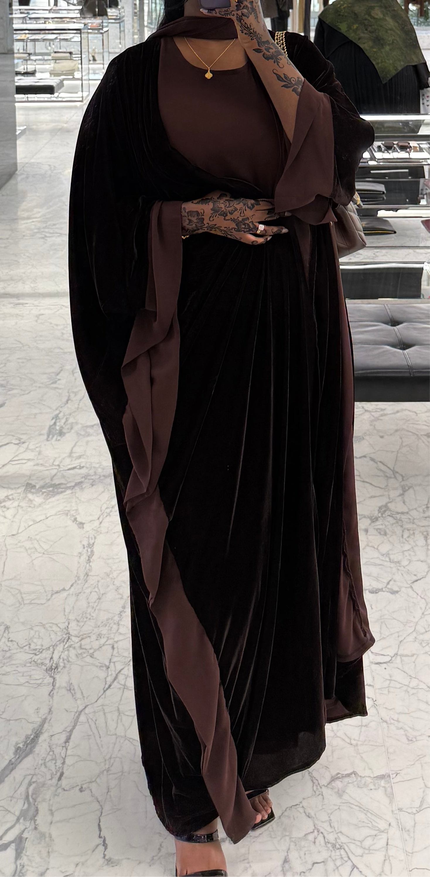 Velvet Cloak Abaya in 'Chocolate' - 3 Piece Set