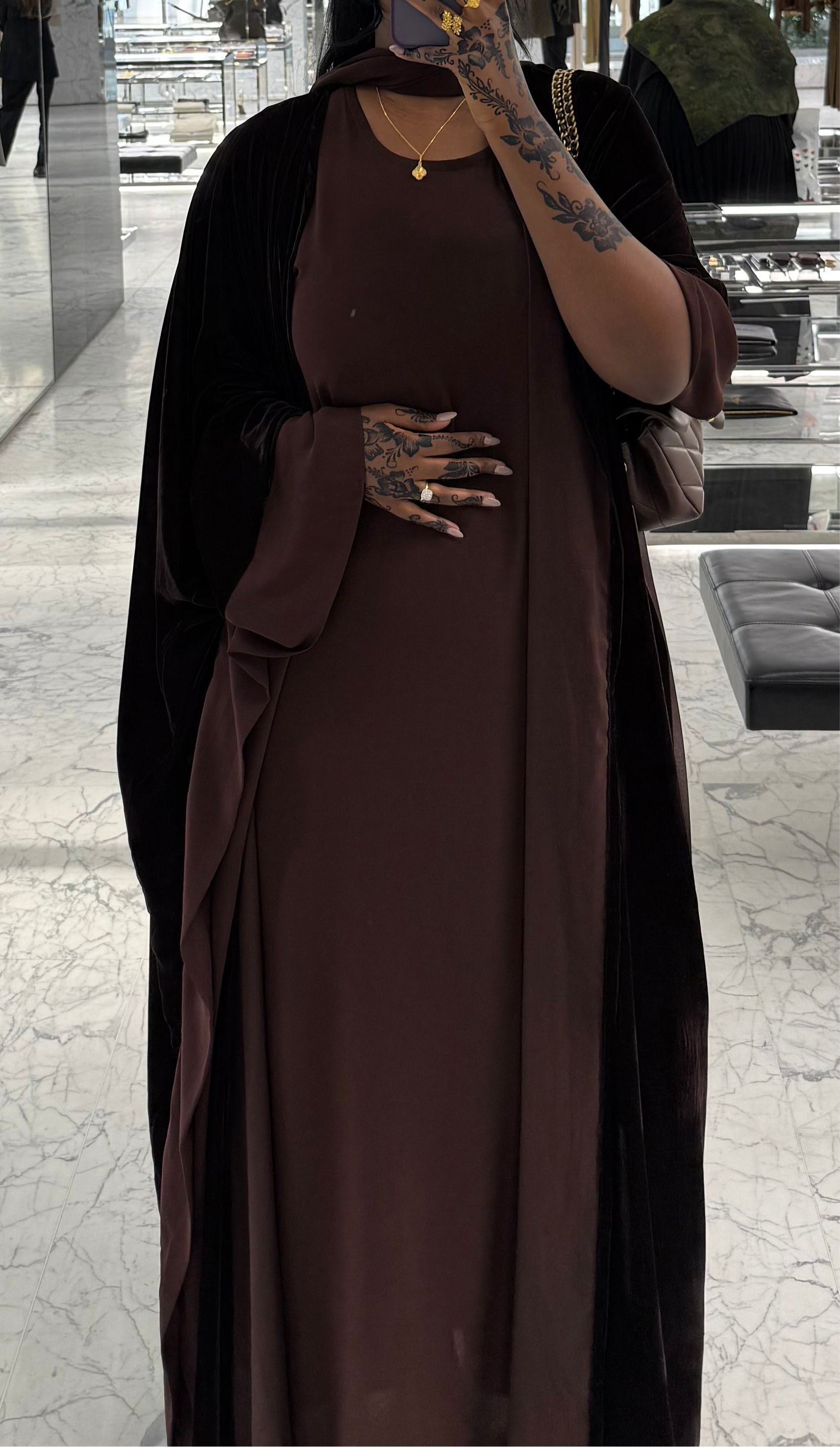 Velvet Cloak Abaya in 'Chocolate' - 3 Piece Set