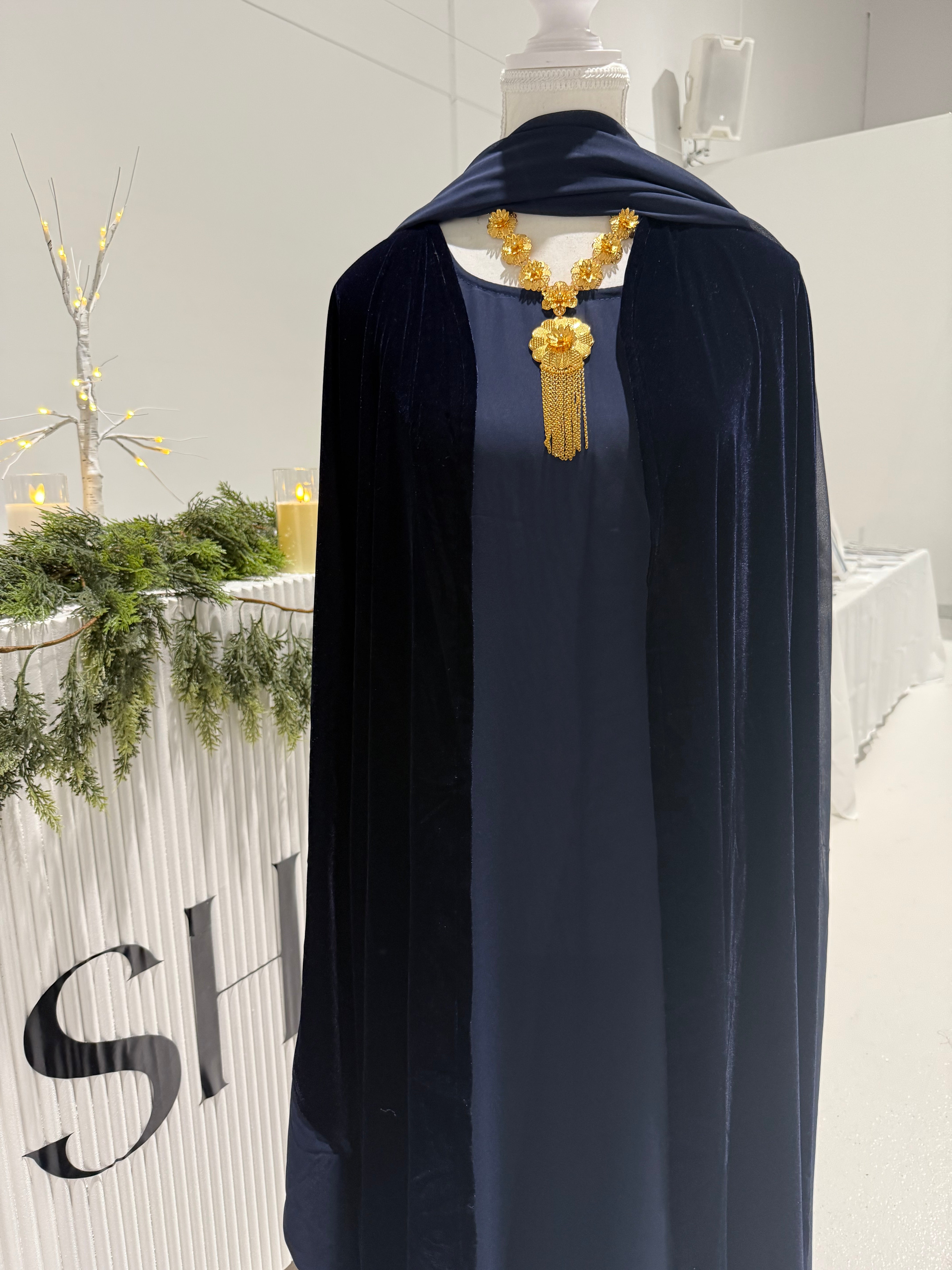 Velvet Cloak Abaya in 'Navy Blue' - 3 Piece Set