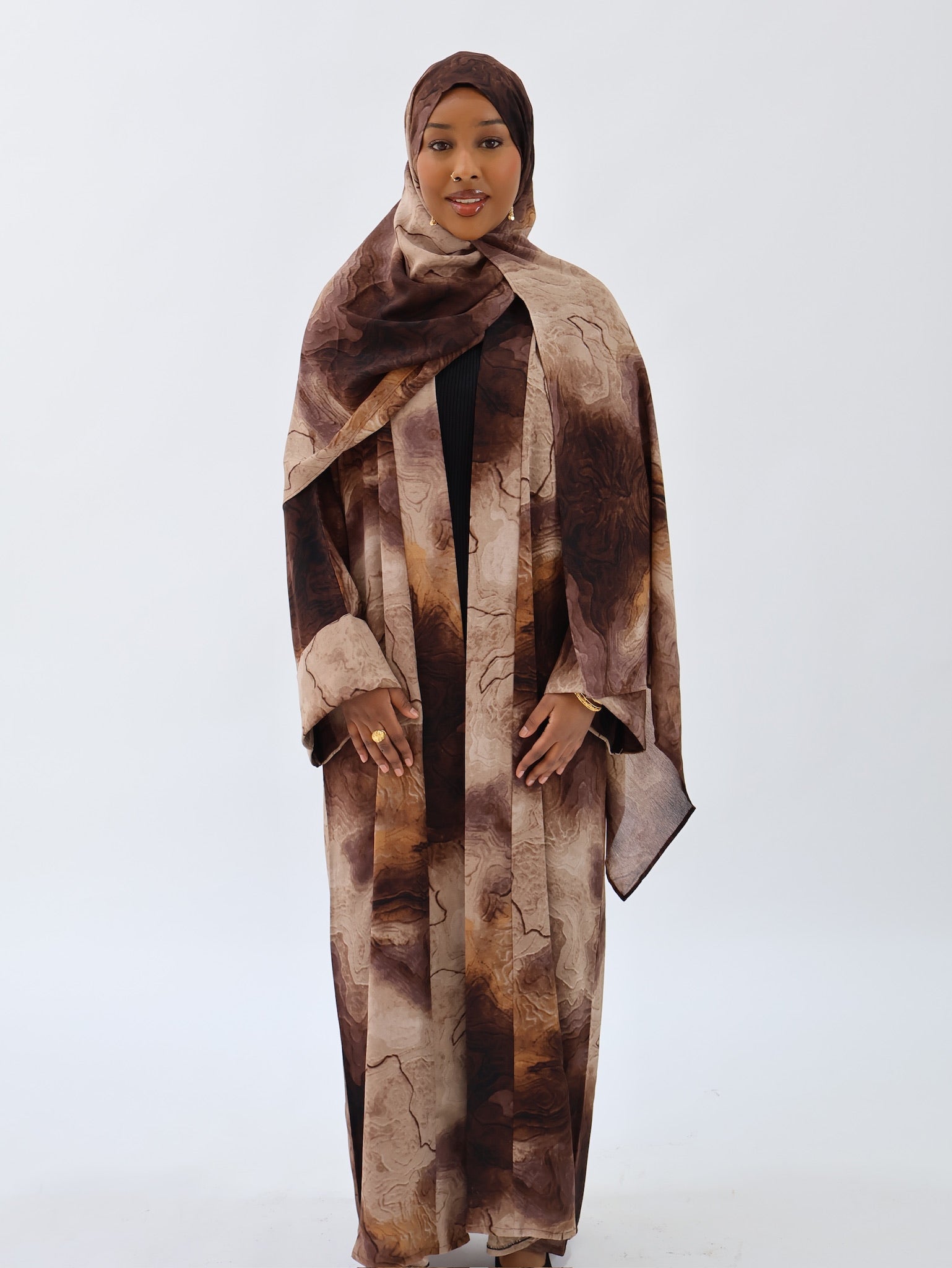 Marble Printed Abaya - Beige/Brown