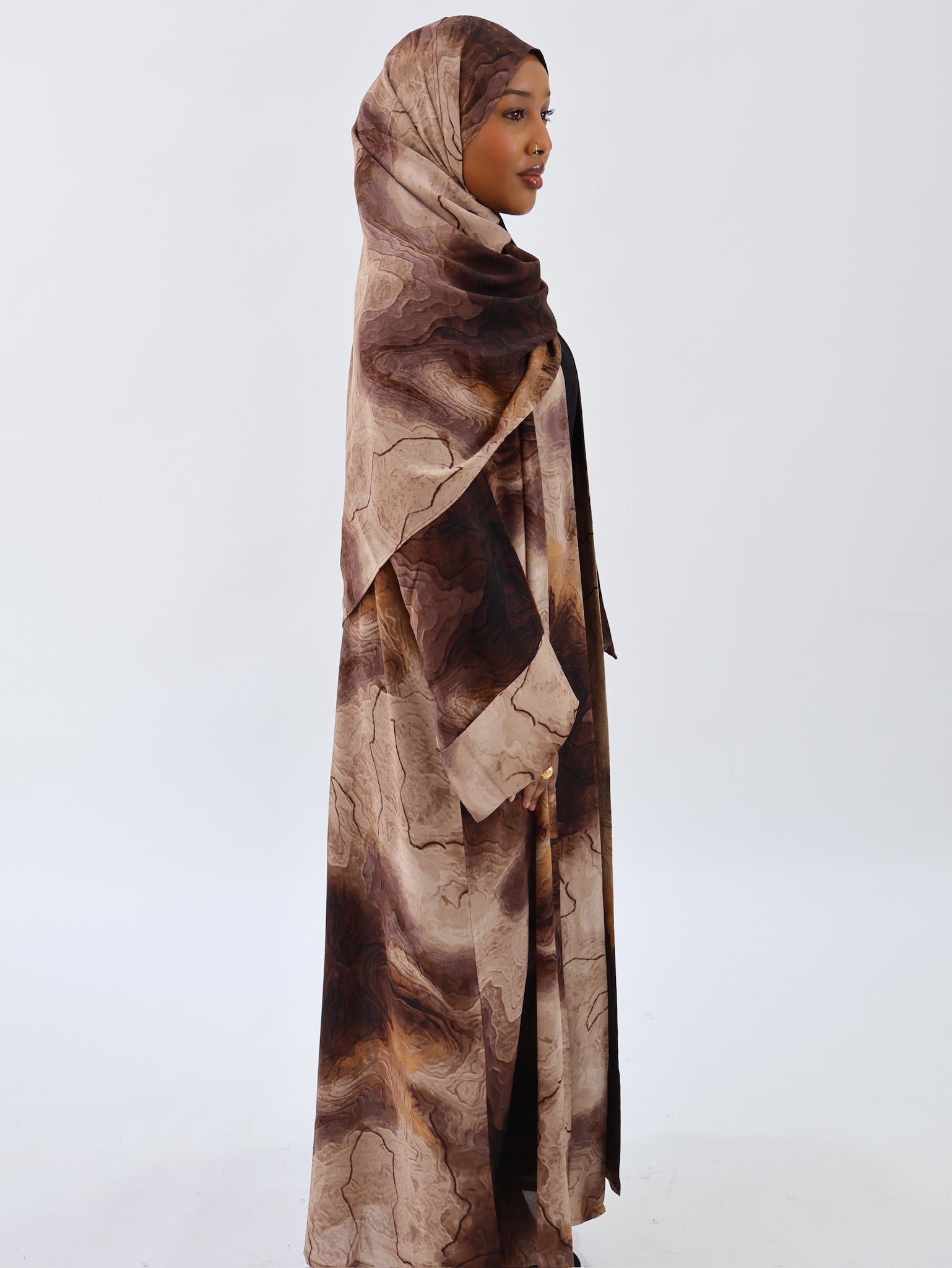 Marble Printed Abaya - Beige/Brown
